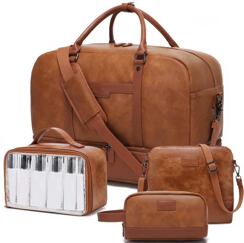 Wogarl Weekender Bag for Women: 4PCS Faux Leather Large Overnight Travel Duffel with Shoe Compartment & Toiletry Satchel Bags Carry On Duffle Fit 21" Laptop (Light Brown) - Image 1