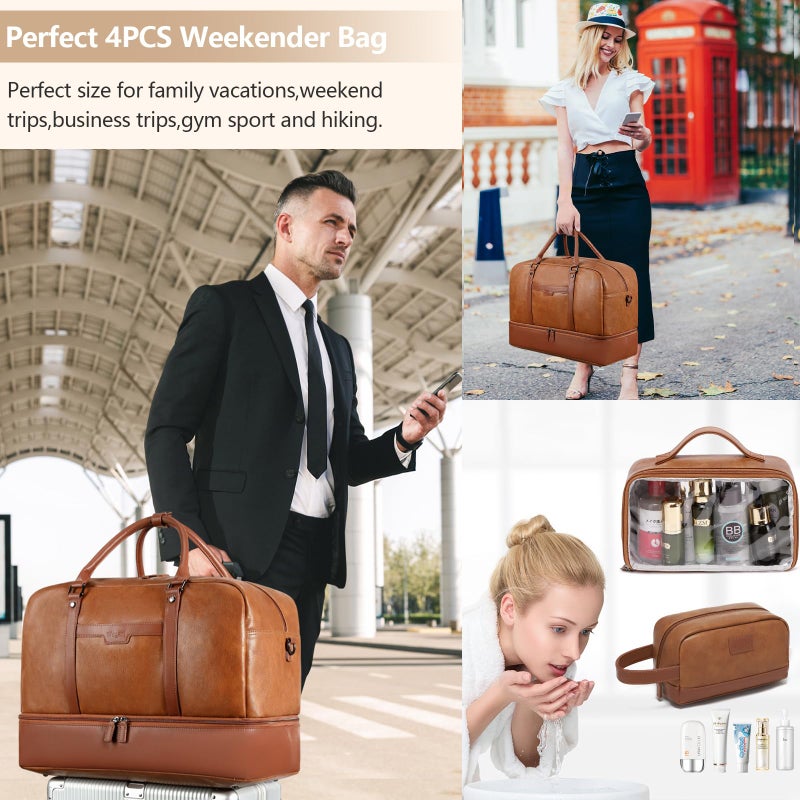 Wogarl Weekender Bag for Women: 4PCS Faux Leather Large Overnight Travel Duffel with Shoe Compartment & Toiletry Satchel Bags Carry On Duffle Fit 21" Laptop (Light Brown) - Image 2