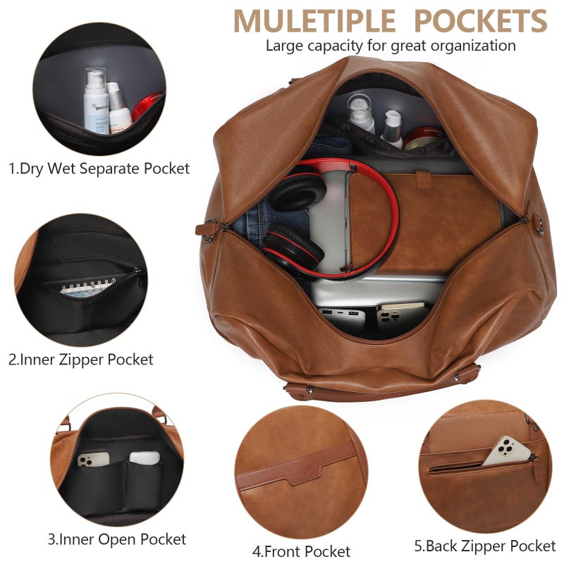 Wogarl Weekender Bag for Women: 4PCS Faux Leather Large Overnight Travel Duffel with Shoe Compartment & Toiletry Satchel Bags Carry On Duffle Fit 21" Laptop (Light Brown) - Image 4