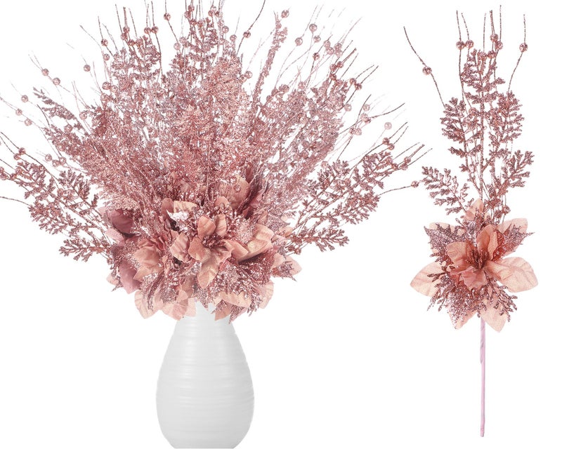 Canlierr 15 Pcs 17 Inch Christmas Artificial Glitter Berry Stem Ornaments with Poinsettia Flower Xmas Glitter Poinsettia Flowers Picks for Christmas Tree Vase Holiday Party Home DecorRose Gold - Image 2