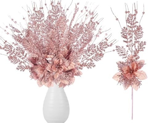 Canlierr 15 Pcs 17 Inch Christmas Artificial Glitter Berry Stem Ornaments with Poinsettia Flower Xmas Glitter Poinsettia Flowers Picks for Christmas Tree Vase Holiday Party Home DecorRose Gold - Image 1
