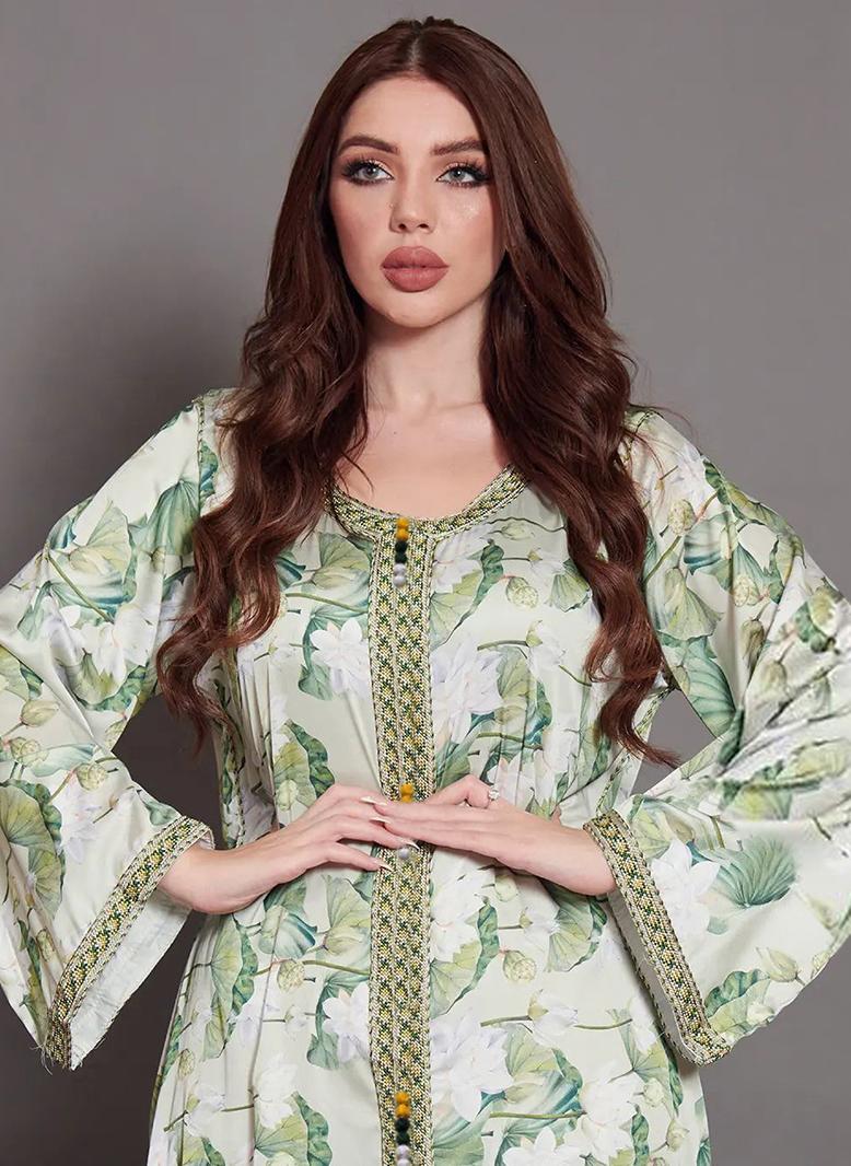 فرايديين لطيف طوق على شكل V طباعة حزام كم منتظم قفطان اخضر - Image 3