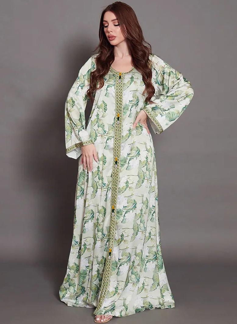 فرايديين لطيف طوق على شكل V طباعة حزام كم منتظم قفطان اخضر - Image 2