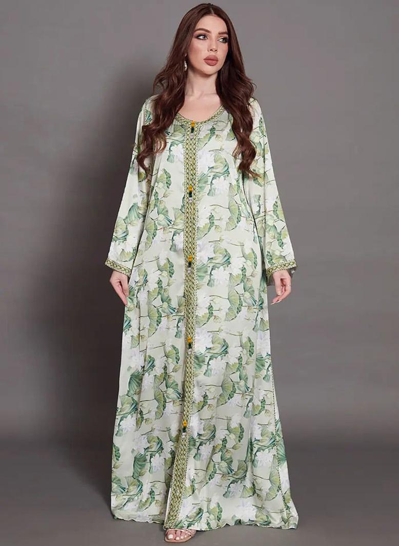 فرايديين لطيف طوق على شكل V طباعة حزام كم منتظم قفطان اخضر - Image 1