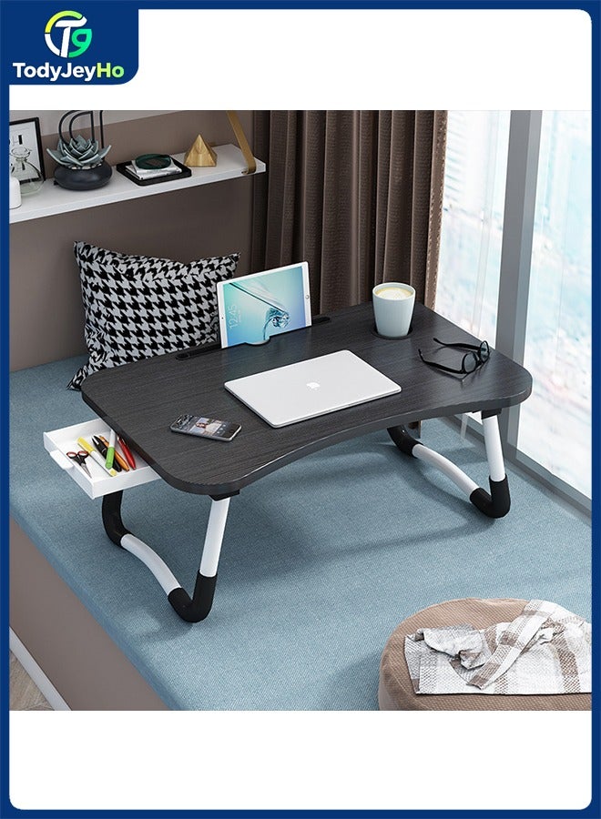 تودي جي هو محمول كمبيوتر محمول طاولة السرير ، درج التخزين ، حامل الكأس ، فتحة الكمبيوتر اللوحي ، قابل للتعديل كمبيوتر محمول طاولة حامل - أسود - Image 1