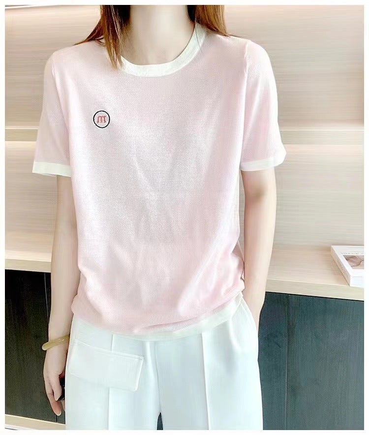 Summer Thin Worsted Pure Wool Short-sleeved T-shirt Women's Round Neck M-shaped Embroidered Knitted Half-sleeved Tencel Top Base Shirt - Image 1