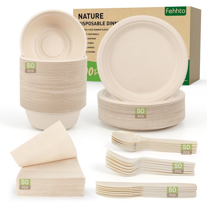 DISPOSABLE PAPER PLATES SET 300PCS COMPOSTABLE SUGARCANE PLATES BOWLS HEAVYDUTY UTENSIL BIODEGRADABLE NAPKINS ECOFRIENDLY DINNERWARE SET FOR PARTY CAMPING 50 PEOPLE