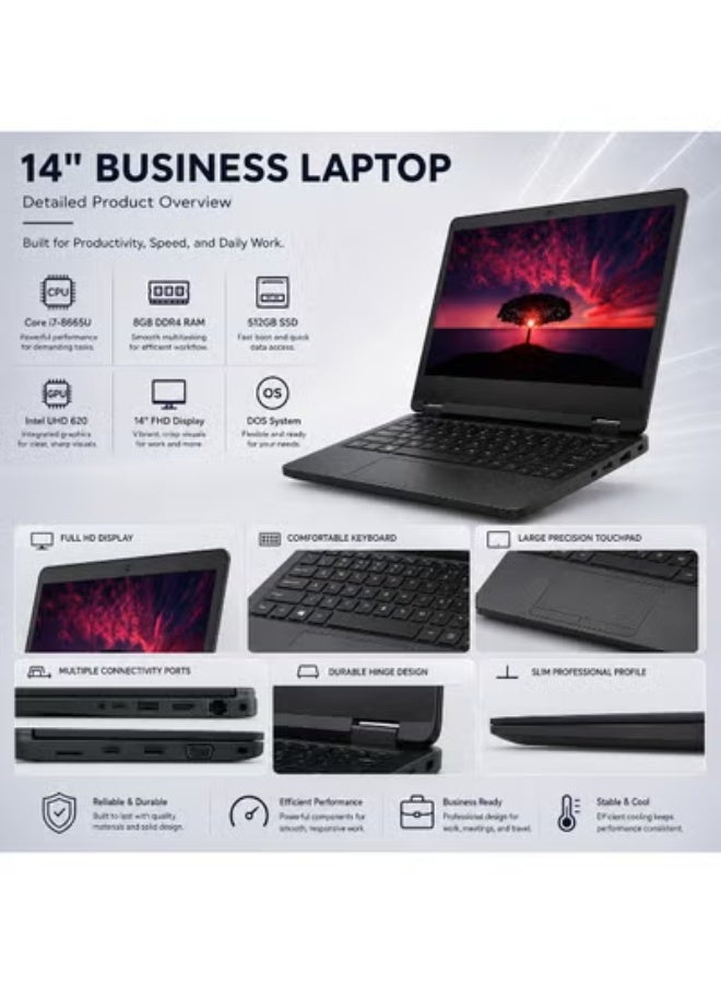 كمبيوتر محمول 14 بوصة بدقة Full HD، معالج فئة i7، ذاكرة 8 جيجابايت، تخزين SSD سعة 512 جيجابايت، رسوميات مدمجة ونظام DOS للعمل والدراسة - Image 3