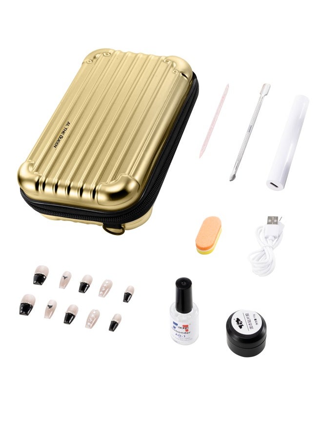 Generic Makeup Gift,Handmade Fake Nails Set,Luxury Golden Color Hard Shell Cosmetic Bag,Handheld UV LED Nail Lamp with USB Charging Cable (Black-Twilight)  - Image 1
