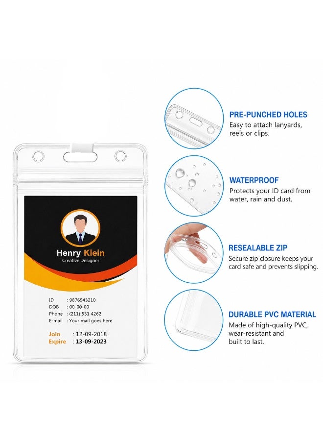 Vphom Waterproof ID Badge Holder (12 Pcs) with Retractable Badge Reel & Clip – Clear PVC Card Holder, Durable Resealable Zip, Vertical Name Tag Holder for Office, School, Events & Conferences - Image 2