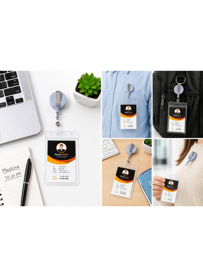 Vphom Waterproof ID Badge Holder (12 Pcs) with Retractable Badge Reel & Clip – Clear PVC Card Holder, Durable Resealable Zip, Vertical Name Tag Holder for Office, School, Events & Conferences - Image 3