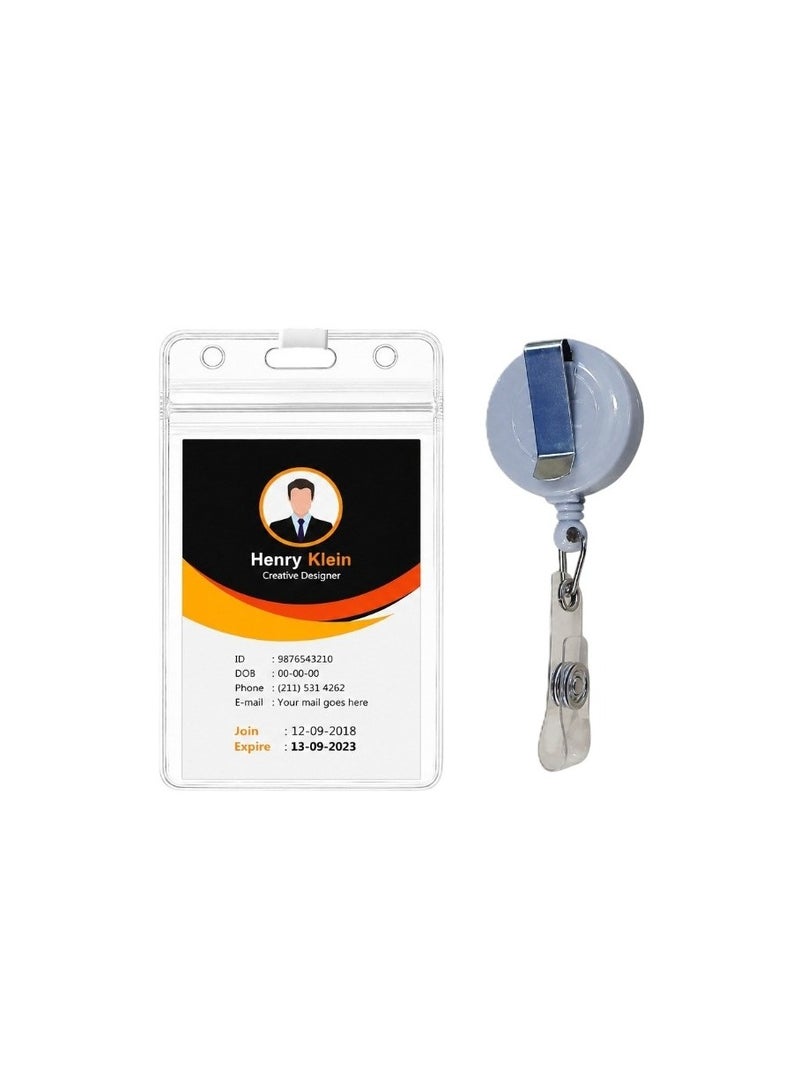Vphom Waterproof ID Badge Holder (12 Pcs) with Retractable Badge Reel & Clip – Clear PVC Card Holder, Durable Resealable Zip, Vertical Name Tag Holder for Office, School, Events & Conferences - Image 1