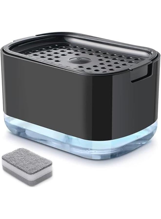 HOOKOR Dispenser and Sponge Holder with Sponge, Dish Soap Dispenser for Kitchen, Premium Sponge Soap Dispenser, Holder Sink Dishwashing Soap Pump Dispenser for Kitchen Countertop (Black) - Image 1