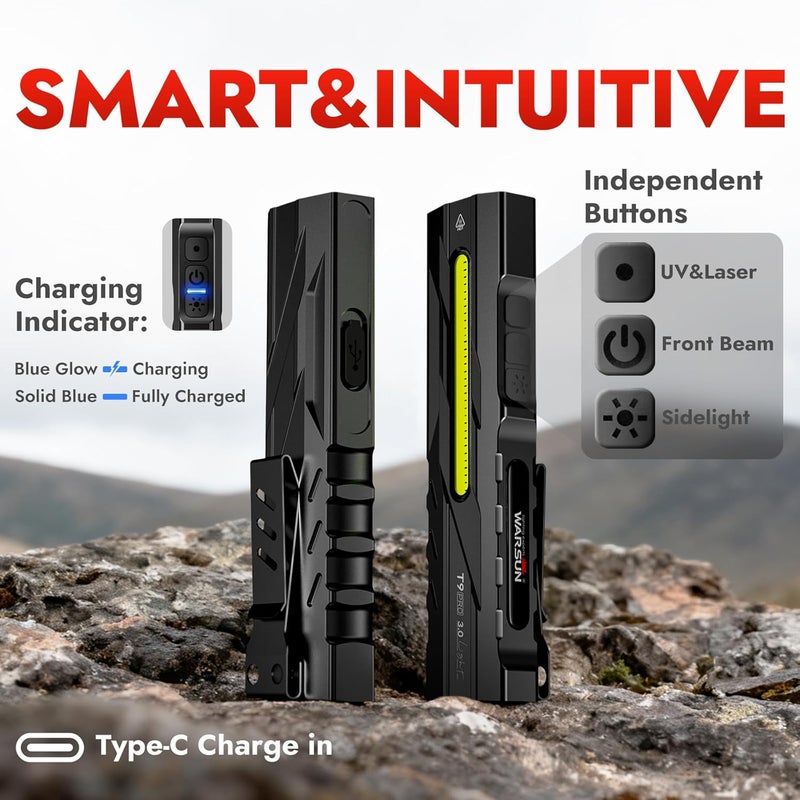 WARSUN T9 PRO EDC Flashlight – 1300 Lumens Rechargeable LED with Magnetic Base and Pocket Clip - Image 3
