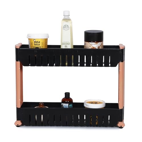 FLIPZON Slim Rolling Storage Rack – 2-Tiered Shelf Plastic Slide-Out Organizer | Space-Saving, Multipurpose | for Kitchen, Bathroom, Laundry, Pantry & Utility Storage | Floor Standing | Black & Brown - Image 2