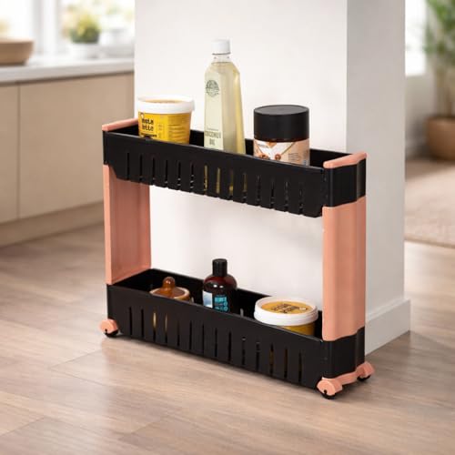 FLIPZON Slim Rolling Storage Rack – 2-Tiered Shelf Plastic Slide-Out Organizer | Space-Saving, Multipurpose | for Kitchen, Bathroom, Laundry, Pantry & Utility Storage | Floor Standing | Black & Brown - Image 1