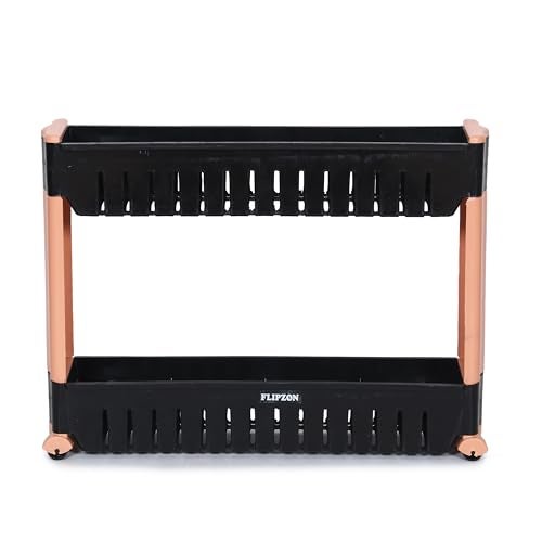 FLIPZON Slim Rolling Storage Rack – 2-Tiered Shelf Plastic Slide-Out Organizer | Space-Saving, Multipurpose | for Kitchen, Bathroom, Laundry, Pantry & Utility Storage | Floor Standing | Black & Brown - Image 3