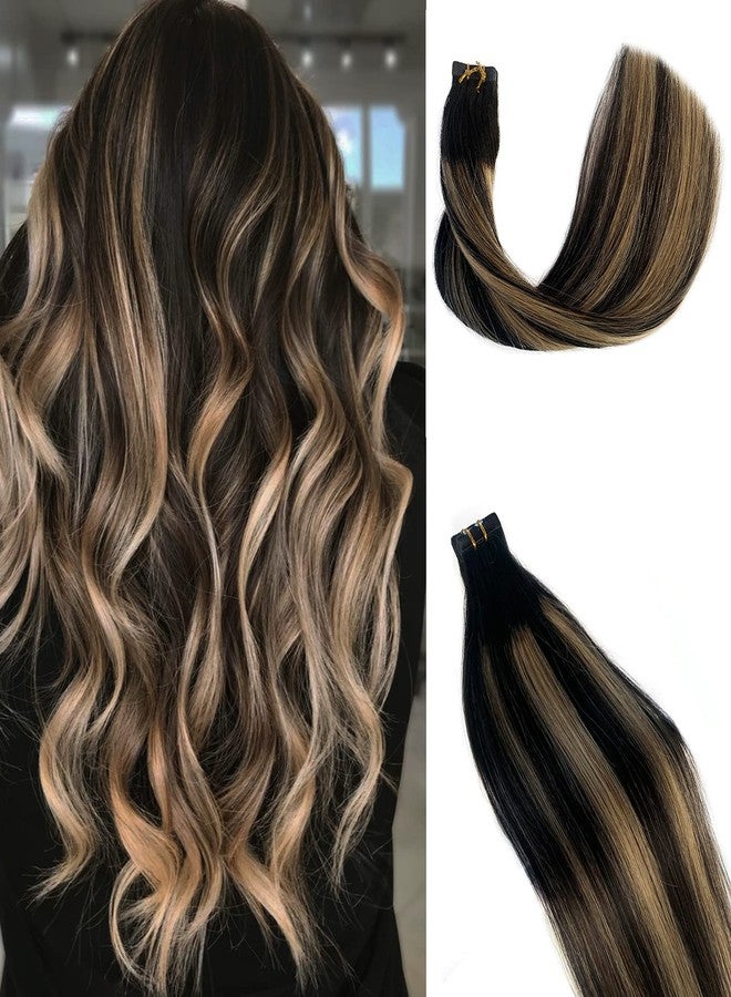 Smavida Balayage Blonde Highlights Tape in Human Hair Extensions 18Inch Ombre Natural Black with Strawberry Brown 100% Remy Tape in Hair Extensions Seamless Soft Straight 40g/20pcs - Image 1