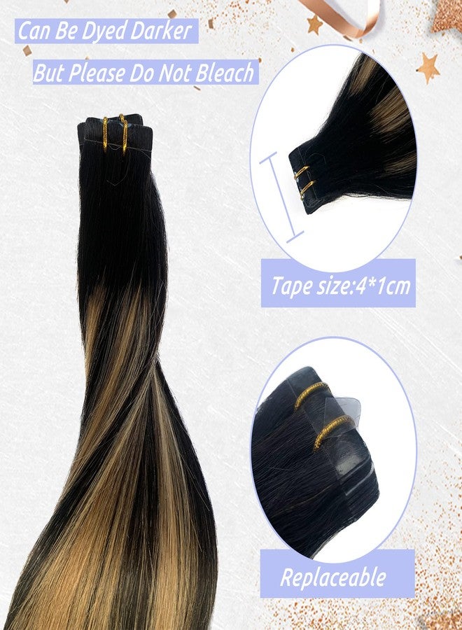 Smavida Balayage Blonde Highlights Tape in Human Hair Extensions 18Inch Ombre Natural Black with Strawberry Brown 100% Remy Tape in Hair Extensions Seamless Soft Straight 40g/20pcs - Image 5