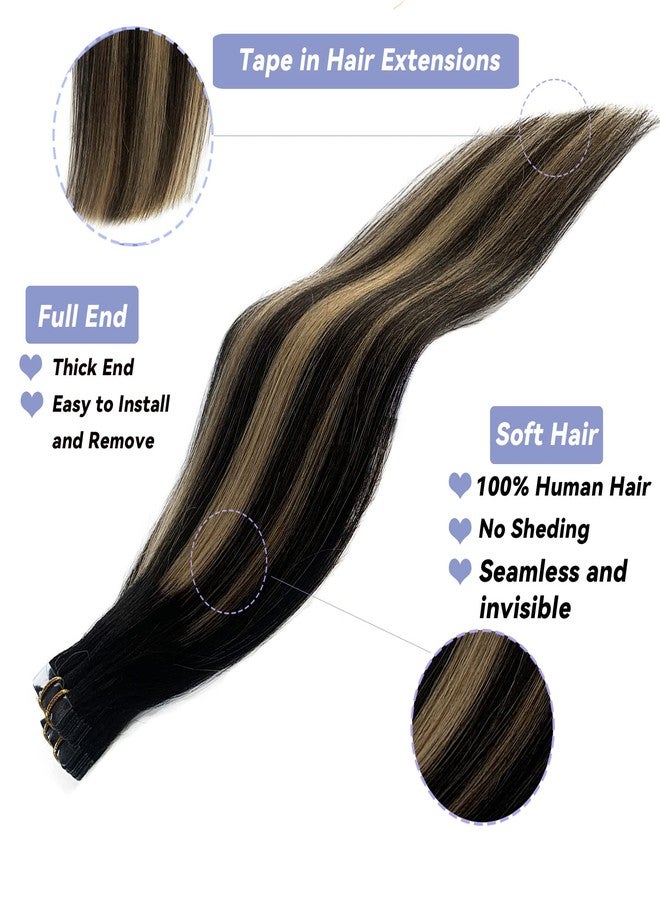 Smavida Balayage Blonde Highlights Tape in Human Hair Extensions 18Inch Ombre Natural Black with Strawberry Brown 100% Remy Tape in Hair Extensions Seamless Soft Straight 40g/20pcs - Image 2