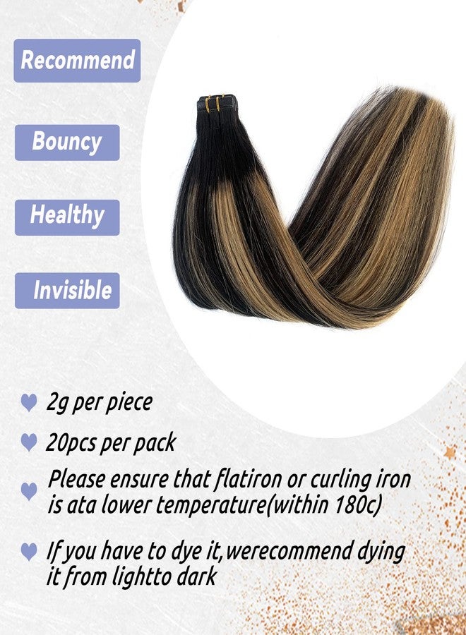 Smavida Balayage Blonde Highlights Tape in Human Hair Extensions 18Inch Ombre Natural Black with Strawberry Brown 100% Remy Tape in Hair Extensions Seamless Soft Straight 40g/20pcs - Image 3