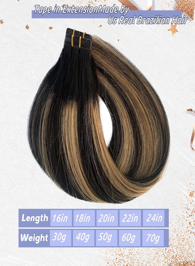 Smavida Balayage Blonde Highlights Tape in Human Hair Extensions 18Inch Ombre Natural Black with Strawberry Brown 100% Remy Tape in Hair Extensions Seamless Soft Straight 40g/20pcs - Image 4