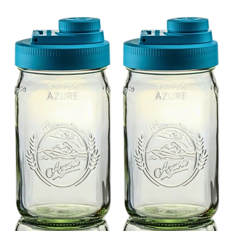Brewing America Glass Mason Jar Pitcher with Lid 1 Quart 32 oz with Teal Wide Mouth Pour Lid for Smoothie Boba Cup Sun Tea Cold Coffee Glass Tumbler 2Pack