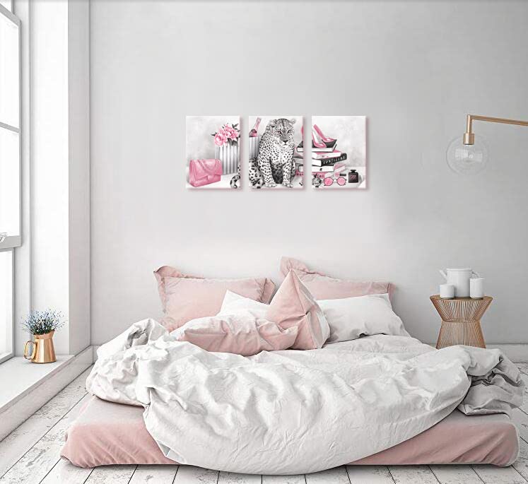 Visual Art Decor Glam Fashion Picture Pink Blush Wall Art Leopard Books High Heel Shoes Perfume Canvas Prints for Modern Home Office Woman Girl Makeup Bedroom Wall Decoration Creative Design Gift - Image 4