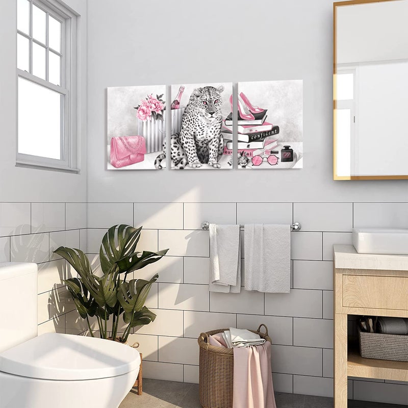 Visual Art Decor Glam Fashion Picture Pink Blush Wall Art Leopard Books High Heel Shoes Perfume Canvas Prints for Modern Home Office Woman Girl Makeup Bedroom Wall Decoration Creative Design Gift - Image 5