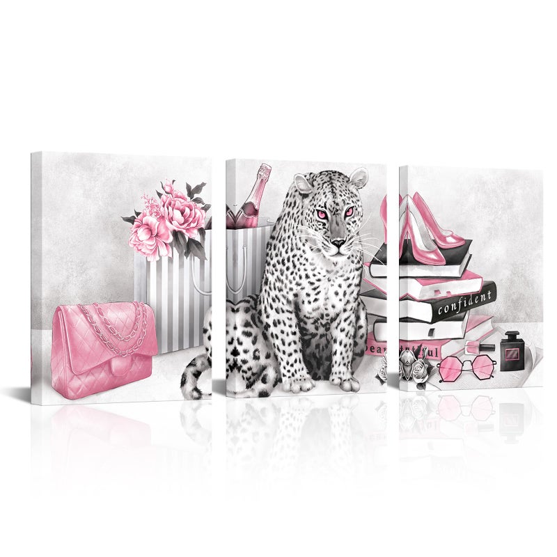 Visual Art Decor Glam Fashion Picture Pink Blush Wall Art Leopard Books High Heel Shoes Perfume Canvas Prints for Modern Home Office Woman Girl Makeup Bedroom Wall Decoration Creative Design Gift - Image 1