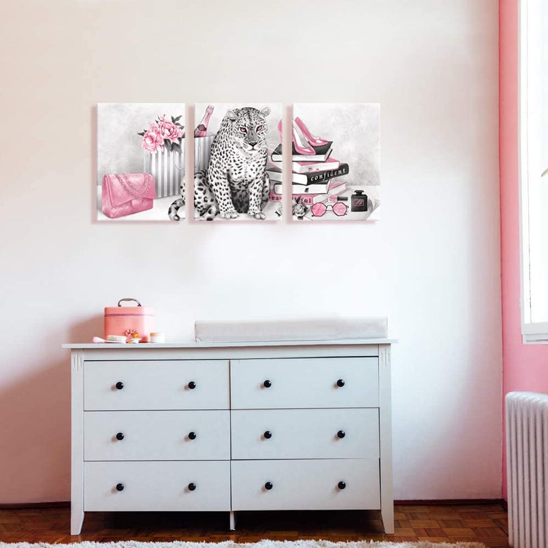 Visual Art Decor Glam Fashion Picture Pink Blush Wall Art Leopard Books High Heel Shoes Perfume Canvas Prints for Modern Home Office Woman Girl Makeup Bedroom Wall Decoration Creative Design Gift - Image 2
