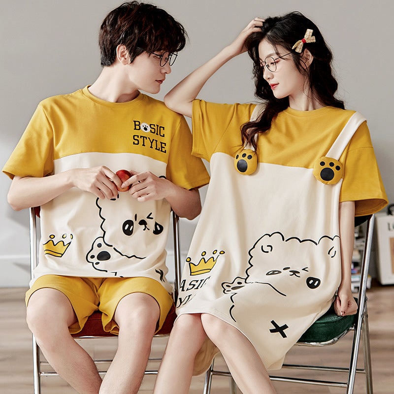 New Summer Couple Pajamas for Women, Short-Sleeved Pure Cotton Wedding Nightgown, Men's Zodiac Year Red Home Wear Set - Image 1
