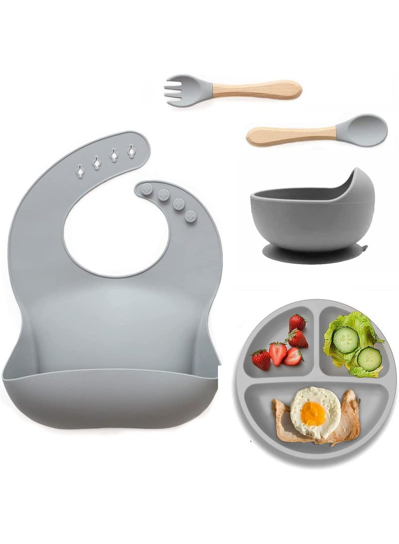 iMissiu Silicone Baby Feeding Set 5 Pack Non Slip Toddler Plate Bowl Weaning Supplies for Self Feeding Everyday Use - Image 1