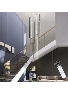 Ganeed Modern Dimmable LED Staircase Chandelier, 90W Rectangle High Large 6-Lights Black Ceiling Chandeliers, Square Long Hanging Pendant Lighting Fixture for Entryway Villa Living Room Stairwells  - Image 1