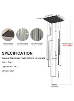 Ganeed Modern Dimmable LED Staircase Chandelier, 90W Rectangle High Large 6-Lights Black Ceiling Chandeliers, Square Long Hanging Pendant Lighting Fixture for Entryway Villa Living Room Stairwells  - Image 3