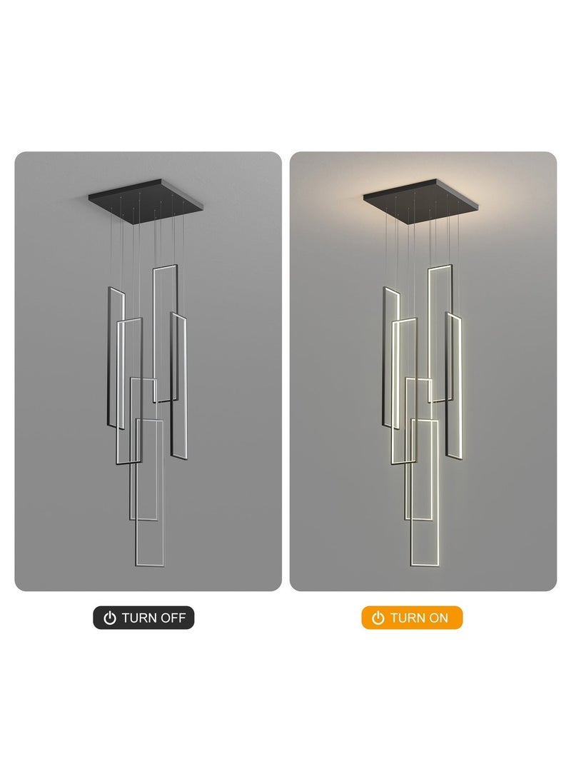 Ganeed Modern Dimmable LED Staircase Chandelier, 90W Rectangle High Large 6-Lights Black Ceiling Chandeliers, Square Long Hanging Pendant Lighting Fixture for Entryway Villa Living Room Stairwells - Image 4