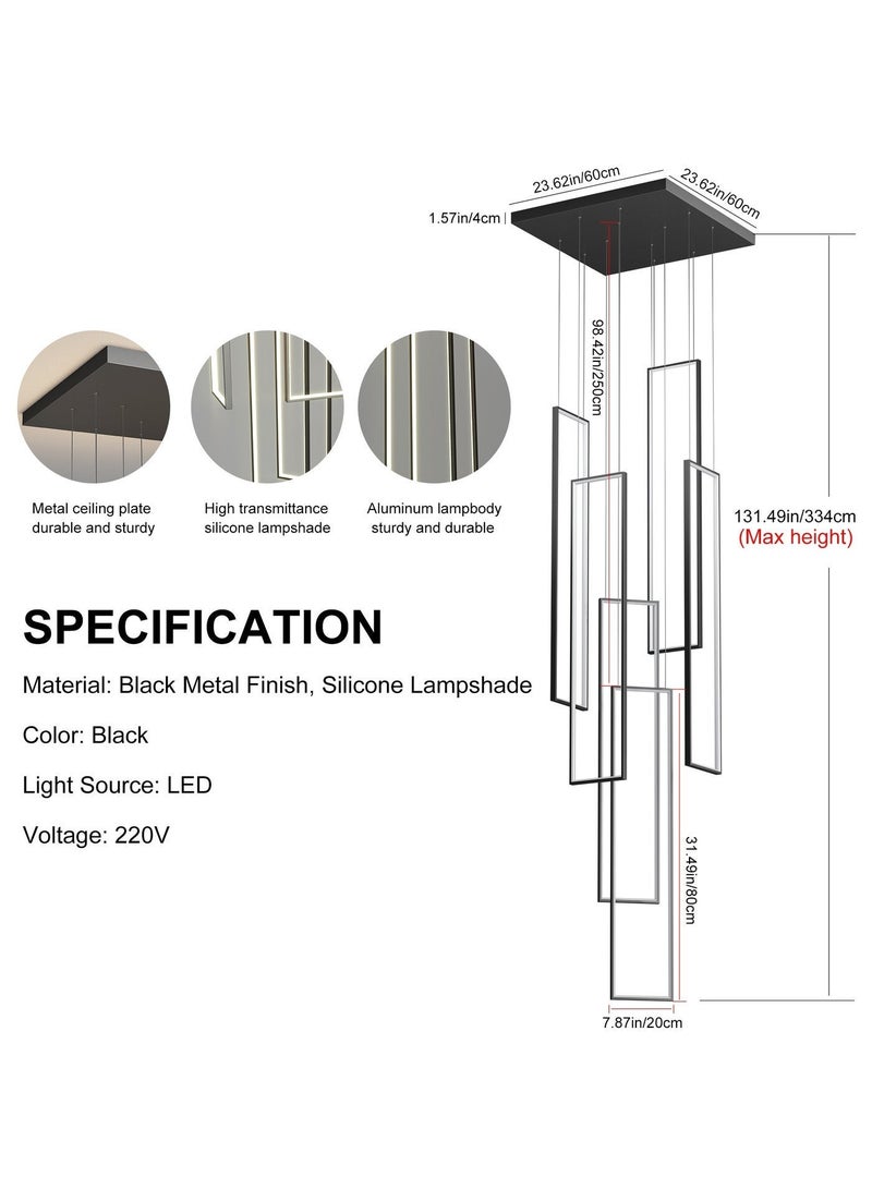 Ganeed Modern Dimmable LED Staircase Chandelier, 90W Rectangle High Large 6-Lights Black Ceiling Chandeliers, Square Long Hanging Pendant Lighting Fixture for Entryway Villa Living Room Stairwells - Image 3