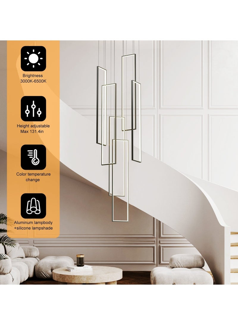 Ganeed Modern Dimmable LED Staircase Chandelier, 90W Rectangle High Large 6-Lights Black Ceiling Chandeliers, Square Long Hanging Pendant Lighting Fixture for Entryway Villa Living Room Stairwells - Image 2