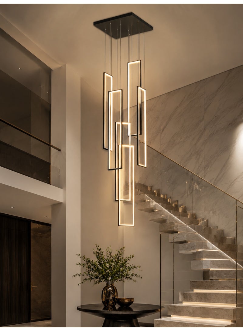Ganeed Modern Dimmable LED Staircase Chandelier, 90W Rectangle High Large 6-Lights Black Ceiling Chandeliers, Square Long Hanging Pendant Lighting Fixture for Entryway Villa Living Room Stairwells - Image 1