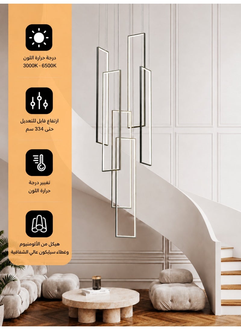 Ganeed Modern Dimmable LED Staircase Chandelier, 90W Rectangle High Large 6-Lights Black Ceiling Chandeliers, Square Long Hanging Pendant Lighting Fixture for Entryway Villa Living Room Stairwells - Image 2