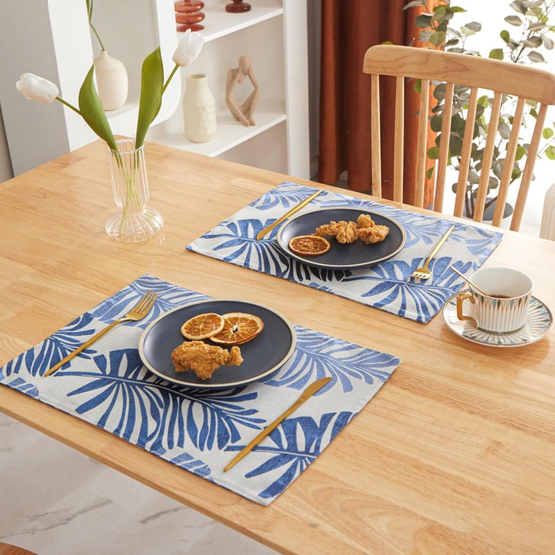 UMAI Table Mat Set of 6 Dining Table Accessories Stylish Kitchen Home Office Decor Beautiful Leaf Design Jacquard Material Dark Blue Placemat - Image 1