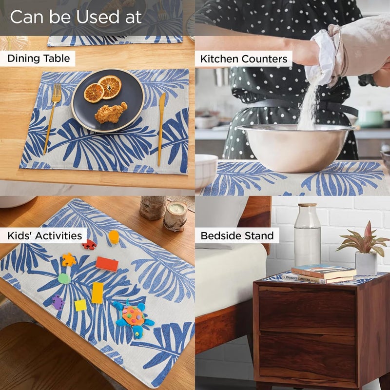 UMAI Table Mat Set of 6 Dining Table Accessories Stylish Kitchen Home Office Decor Beautiful Leaf Design Jacquard Material Dark Blue Placemat - Image 4