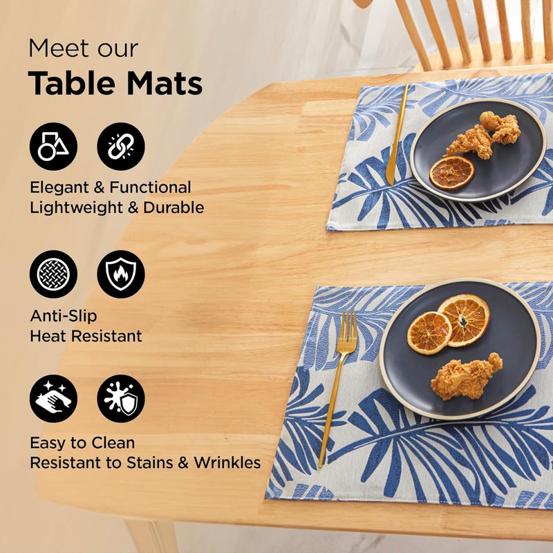 UMAI Table Mat Set of 6 Dining Table Accessories Stylish Kitchen Home Office Decor Beautiful Leaf Design Jacquard Material Dark Blue Placemat - Image 2