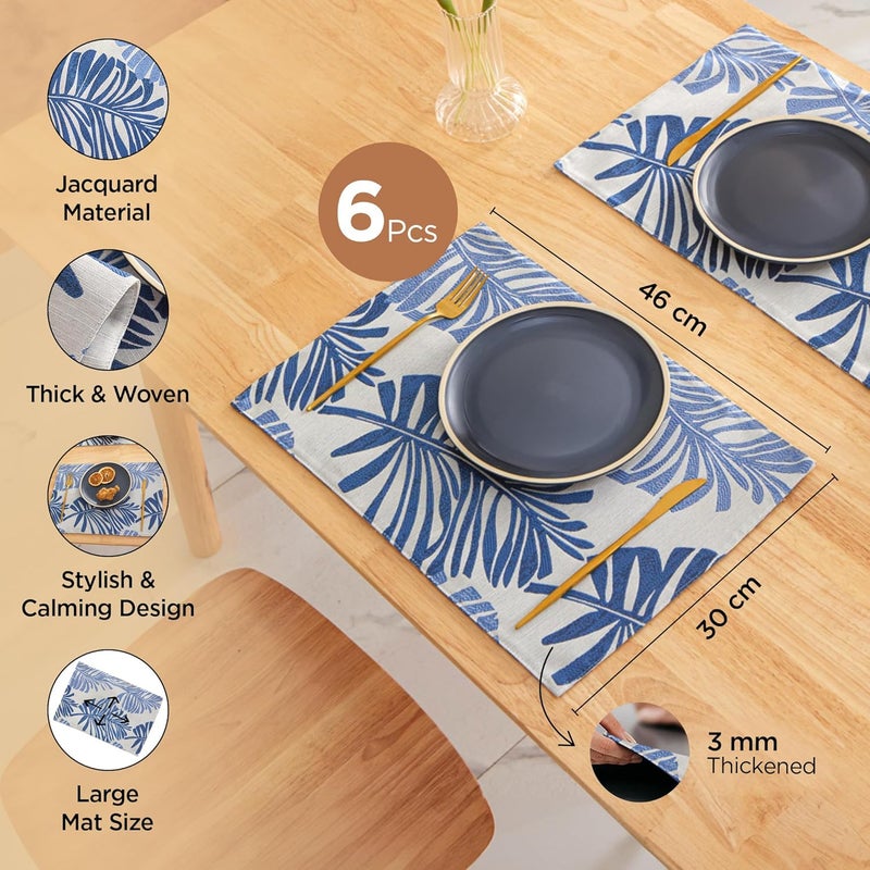 UMAI Table Mat Set of 6 Dining Table Accessories Stylish Kitchen Home Office Decor Beautiful Leaf Design Jacquard Material Dark Blue Placemat - Image 3