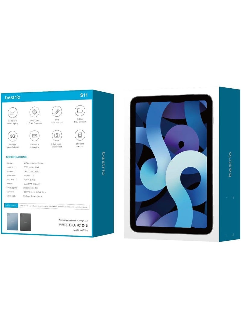 BESTRIO جهاز Bestrio Tab S11 اللوحي بشاشة 10.1 بوصة مع لوحة مفاتيح، ماوس، وقلم - ذاكرة وصول عشوائي 8 جيجابايت، سعة تخزين 512 جيجابايت، يدعم شبكات الجيل الخامس LTE، نظام تشغيل أندرويد 13، شريحتان SIM، رمادي/أزرق - Image 4
