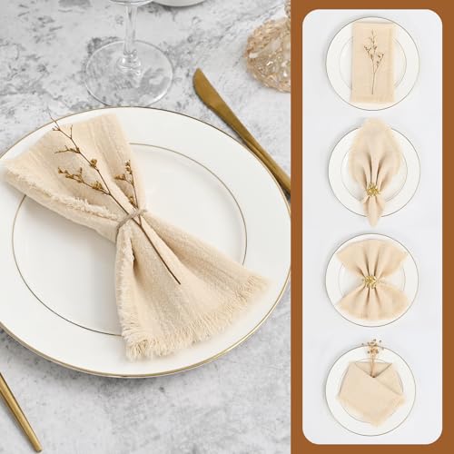Tomeurperf 30 Packs Cotton Linen Napkins,Handmade Cloth Napkins Bulk with Fringe, Rustic Boho Napkins Cloth,Cloth Napkins for Romantic Wedding Party Event Dinner Birthday Table Decor(Beige,16 x 16 Inch) - Image 4