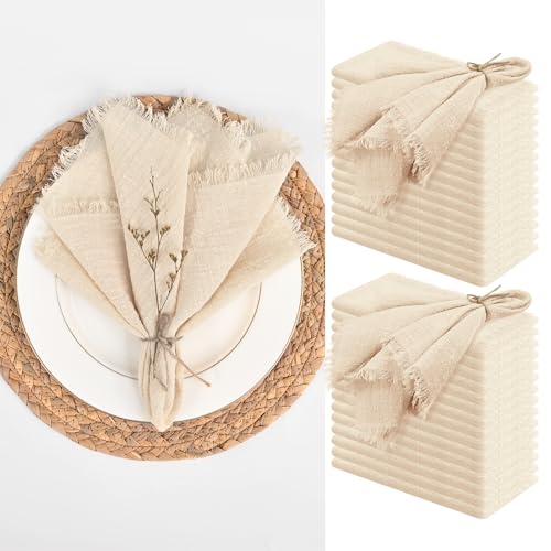 Tomeurperf 30 Packs Cotton Linen Napkins,Handmade Cloth Napkins Bulk with Fringe, Rustic Boho Napkins Cloth,Cloth Napkins for Romantic Wedding Party Event Dinner Birthday Table Decor(Beige,16 x 16 Inch) - Image 1