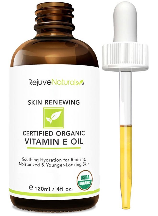 RejuveNaturals Vitamin E Oil - 100% All Natural & USDA Organic (LARGE 4oz Bottle) Repair Dry, Damaged Skin from Surgery & Acne, Age Spots & Wrinkles. For Radiant, Hydrated & Youthful Skin. Face & Body Moisturizer  - Image 1