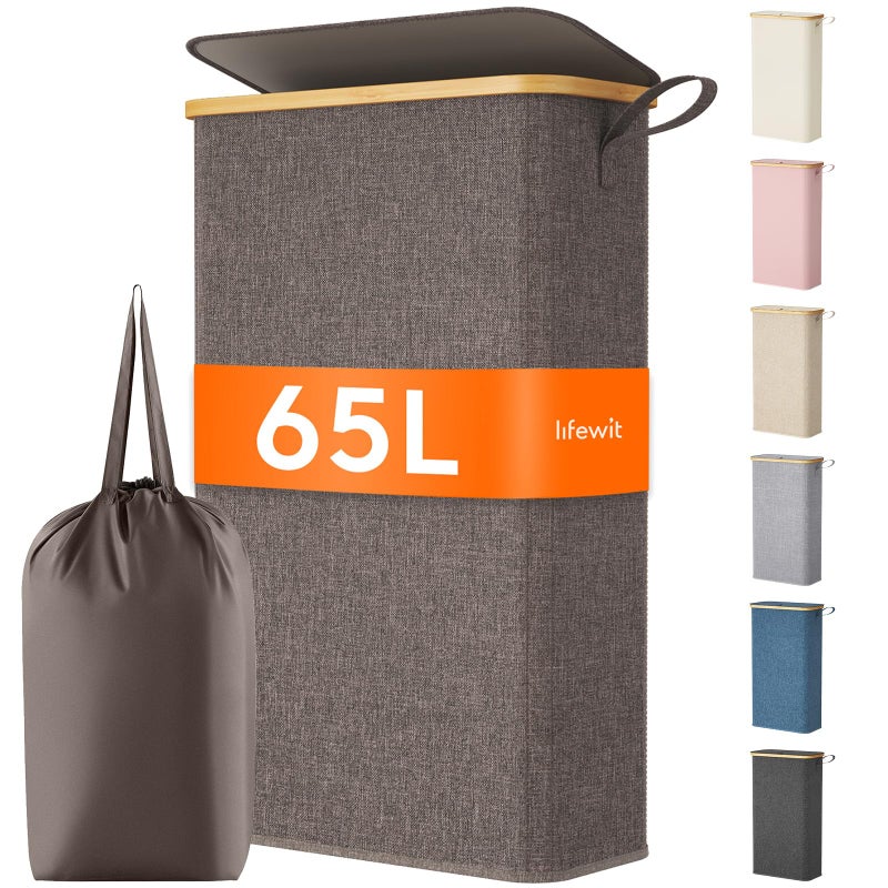 Lifewit 65L Slim Laundry Hamper with Lid Narrow Laundry Basket with Removable Bag Bamboo Handles Fodable Thin Dirty Clothes Hamper for Laundry Collapsible Bin for Bathroom Bedroom Dorm Brown - Image 2