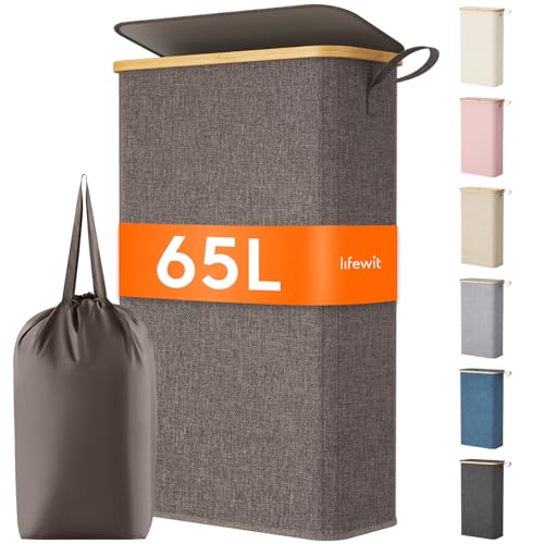 Lifewit 65L Slim Laundry Hamper with Lid Narrow Laundry Basket with Removable Bag Bamboo Handles Fodable Thin Dirty Clothes Hamper for Laundry Collapsible Bin for Bathroom Bedroom Dorm Brown - Image 1